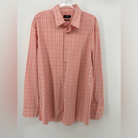 Hugo Boss Other - Hugo Boss Mens Paeton Long Sleeve Dress Shirt Orange Check Sharp Fit 17L 34/35